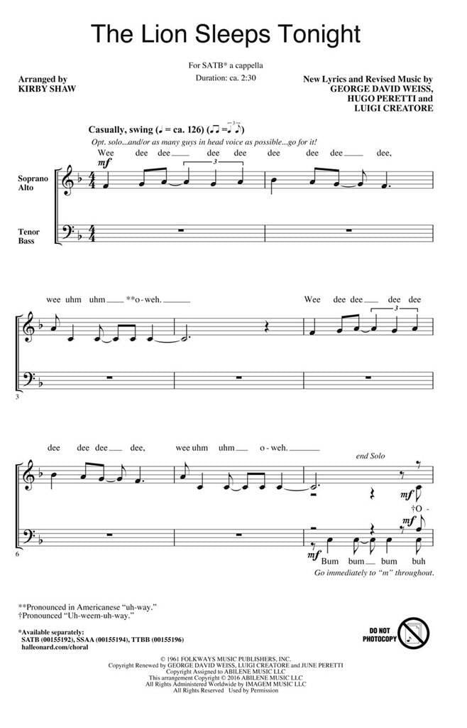 The Lion Sleeps Tonight - arr. Kirby Shaw