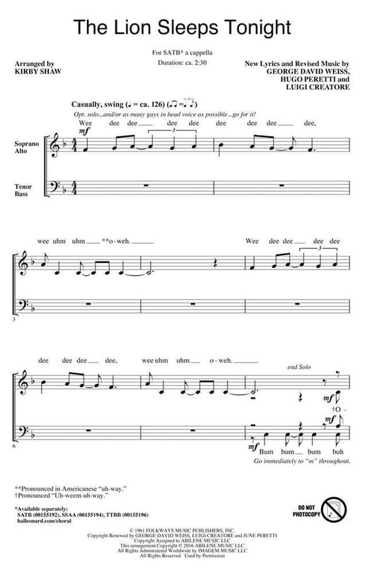 The Lion Sleeps Tonight - arr. Kirby Shaw